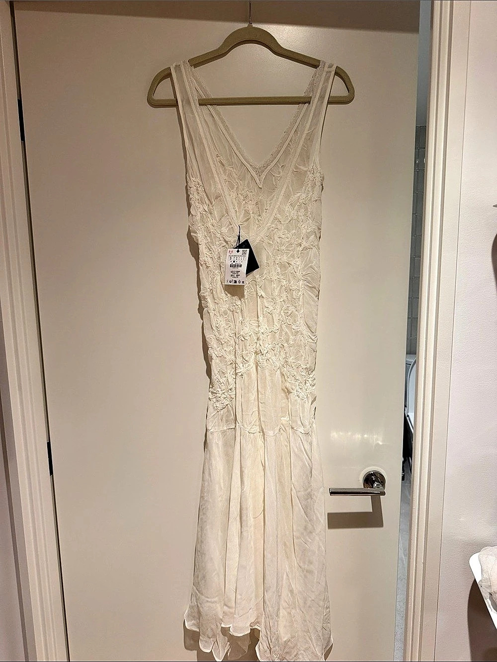 ZARA Textured V-Neck Slip Dress Floral Maxi Cream